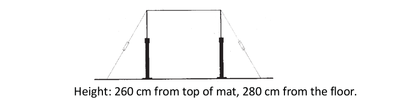 The horizontal bar and its cables: 260 cm from the top of the mat, 280 cm from the floor