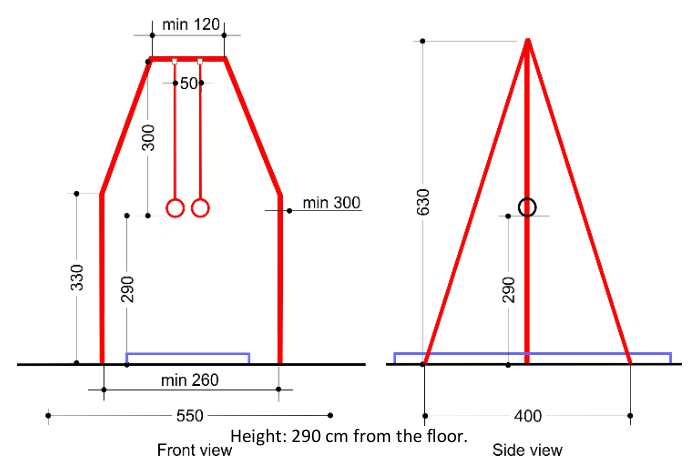 El pórtico de anillas de frente y de lado, con sus medidas: anillas a 290 cm del suelo, separadas 50 cm