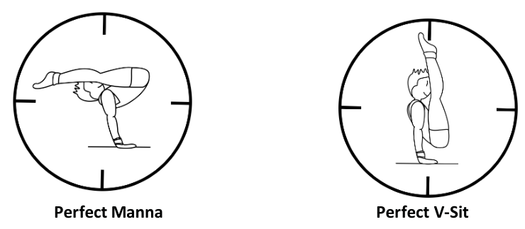 A perfect Manna, legs horizontal behind the arms, beside a perfect V-sit, legs vertical