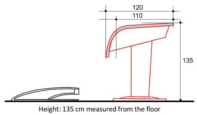 La mesa de salto y el trampolín de lado: la mesa mide 120 cm de largo y está a 135 cm del suelo